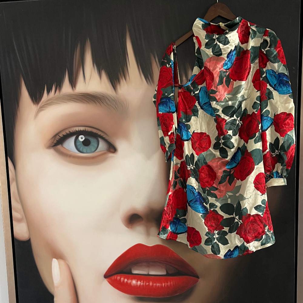 Floral satin cutoff shoulder dress